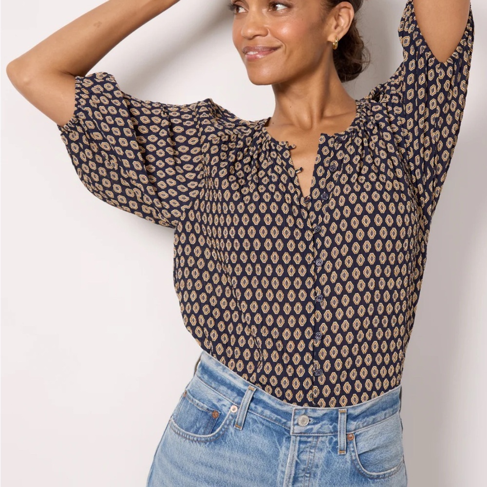 Evereve Sanctuary Navy Paisley Buttoned Sleeve Blouse